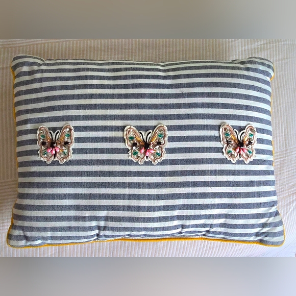 Beaded Boutique Butterfly Striped Throw Pillow Accent Coastal Boho Applique - Picture 2 of 4